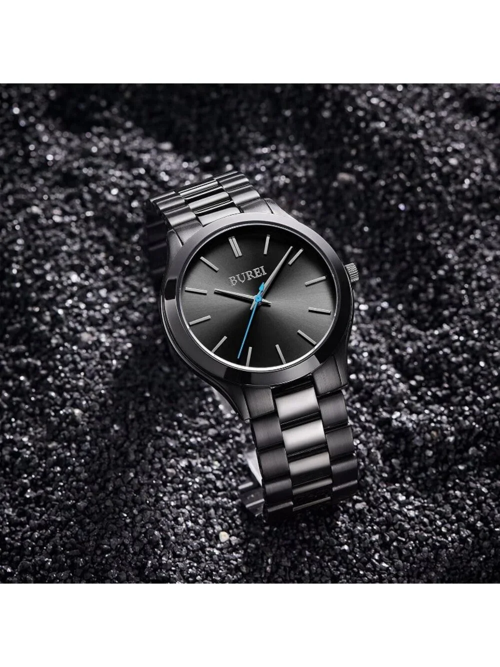Men's Black Blue Pointer Analog Quartz Stainless Steel Waterproof Luxury Watch